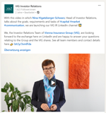 Screenshot first post on VIG IR LinkedIn channel, April 2022: Nina Higatzberger-Schwarz about VIG IR