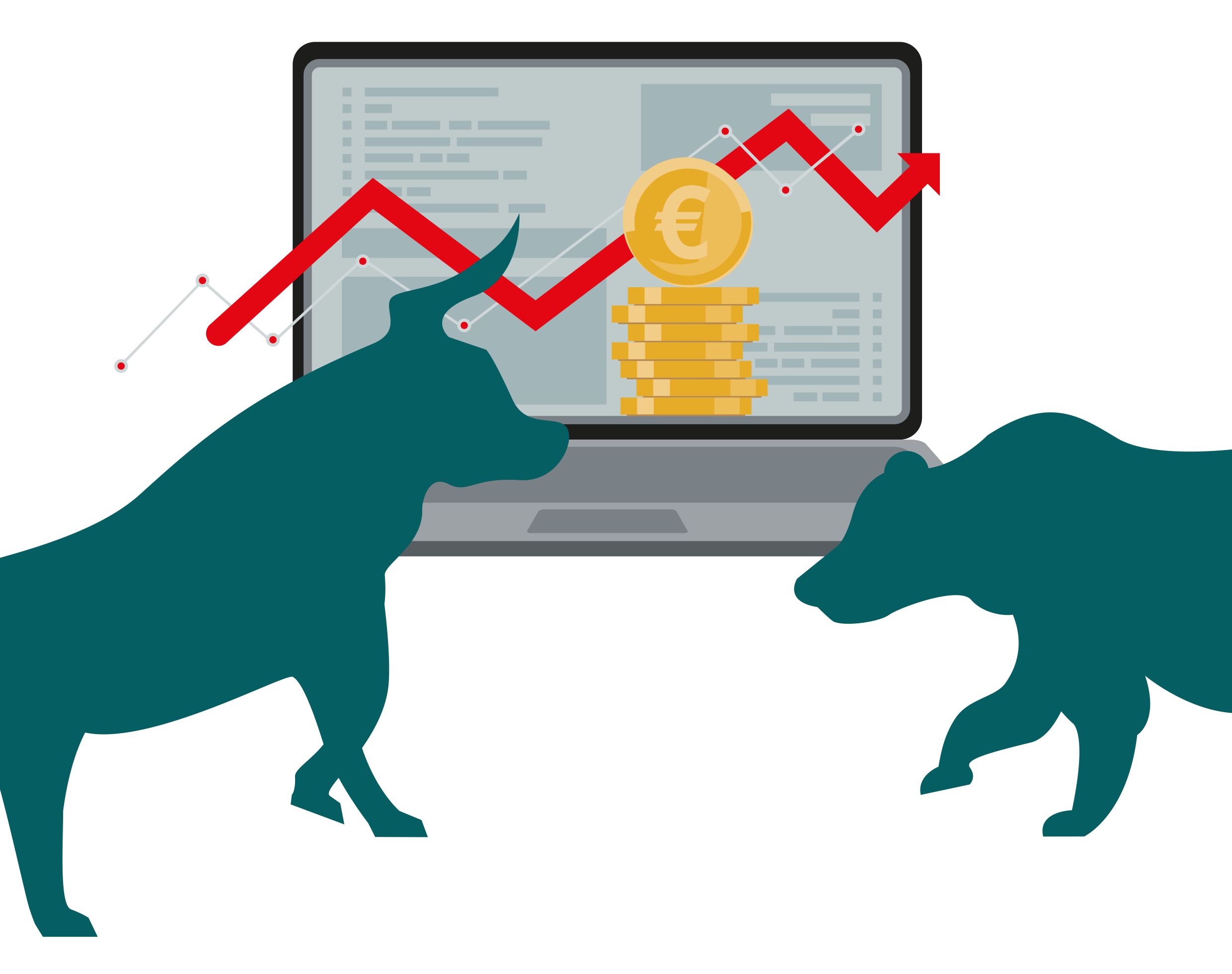 Bull, bear, stock chart on laptop, pile of money