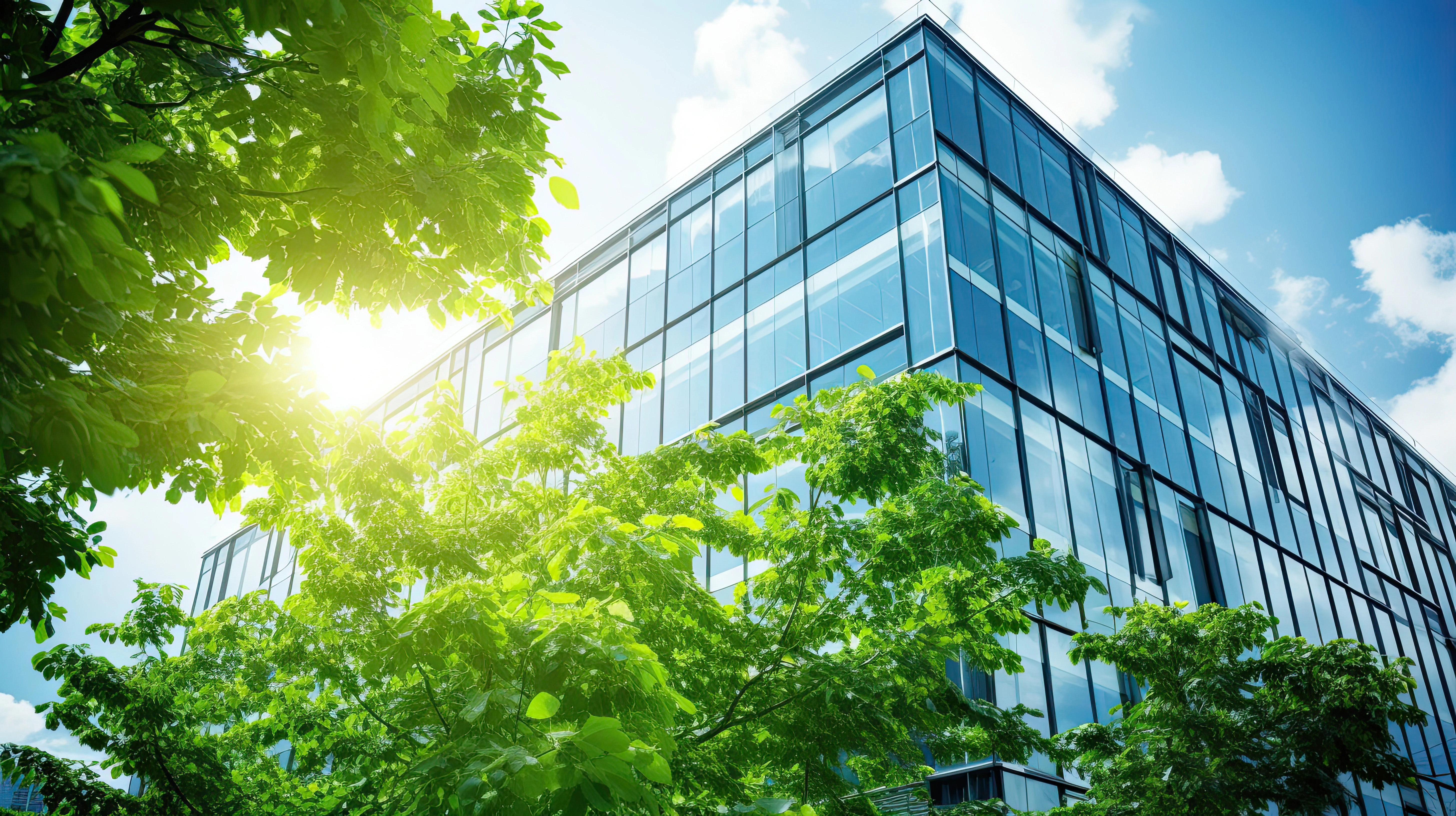 Bürogebäude mit Fensterfronten mit Bäumen im Vordergrund.