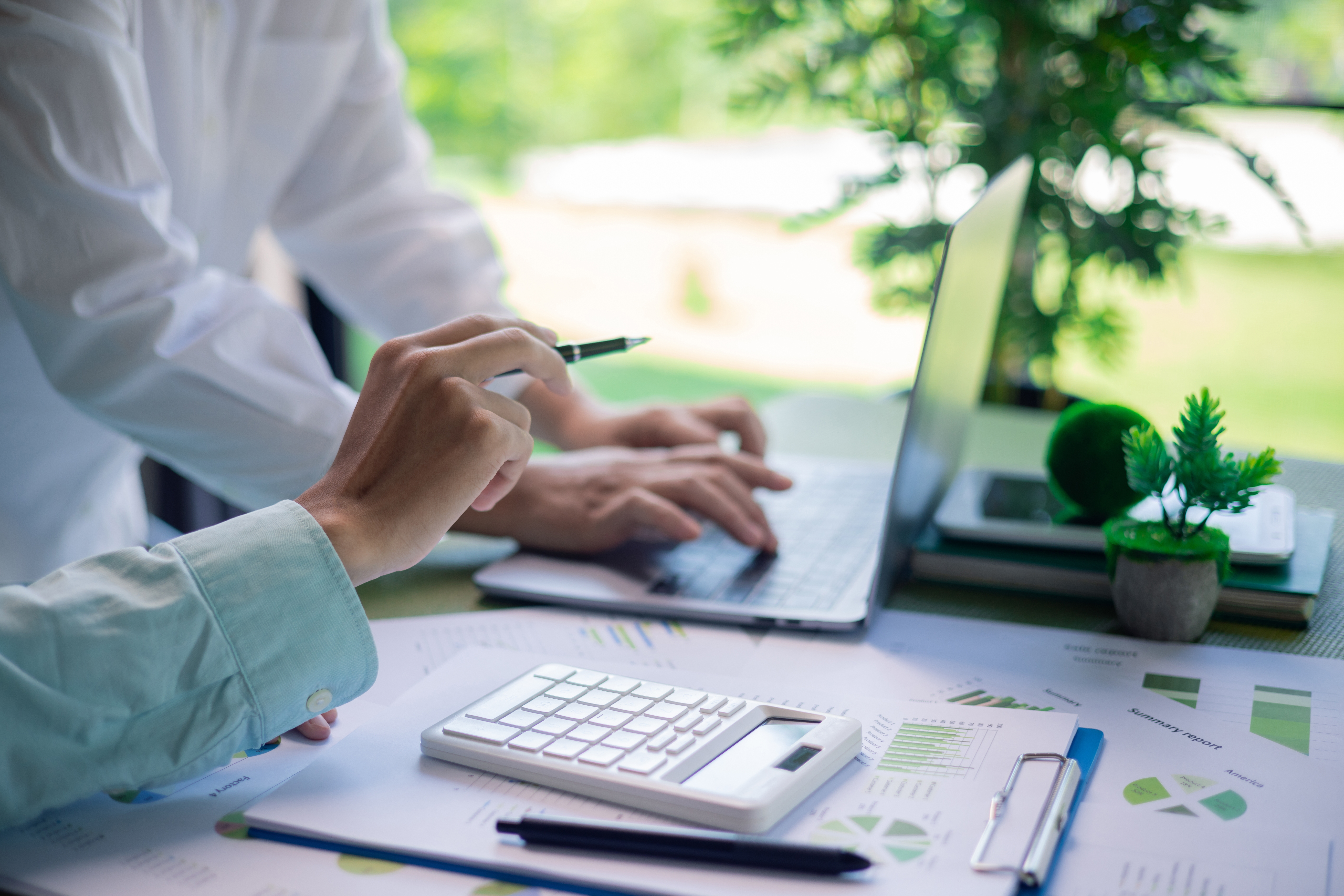 Two people working on laptops, surrounded by lots of green plants.