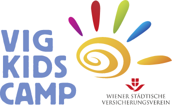 A logo consisting of the font VIG Kids Camp, an abstract sun and the font Wiener Städtische Versicherungsverein