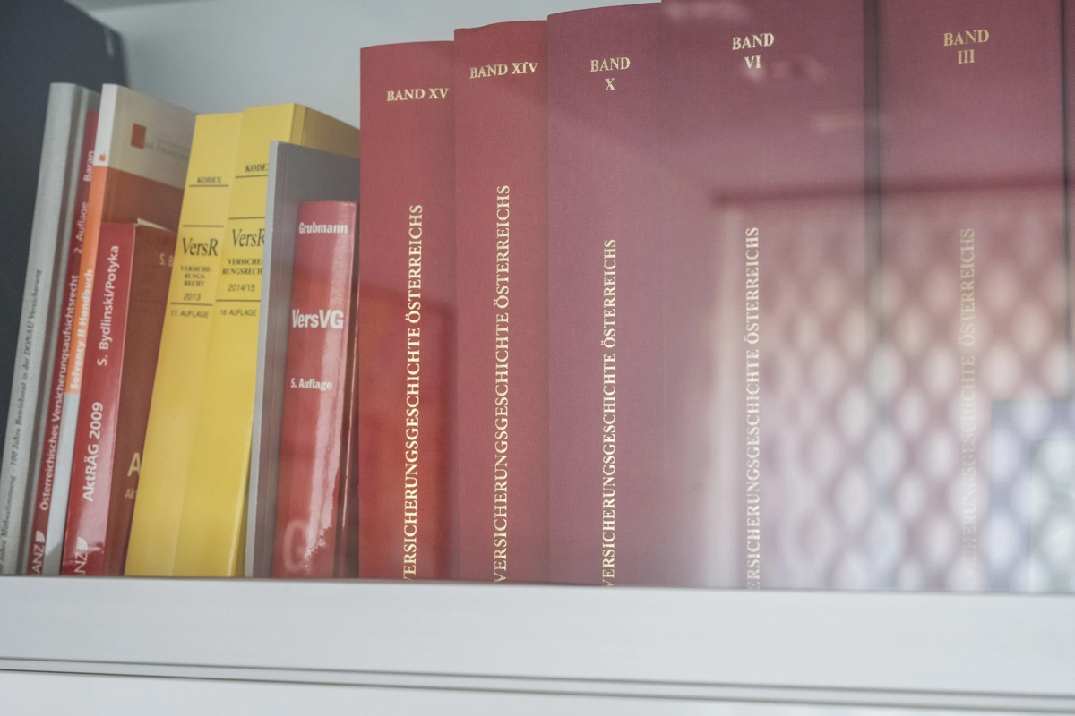 © Jakob Waldhör/kraftwerk Bücher mit hauptsächlich roten und gelben Einbänden in einem Bücherregal.