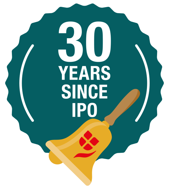 Stamp: Text 30 years since IPO and VIG tulip on a stock exchange bell 