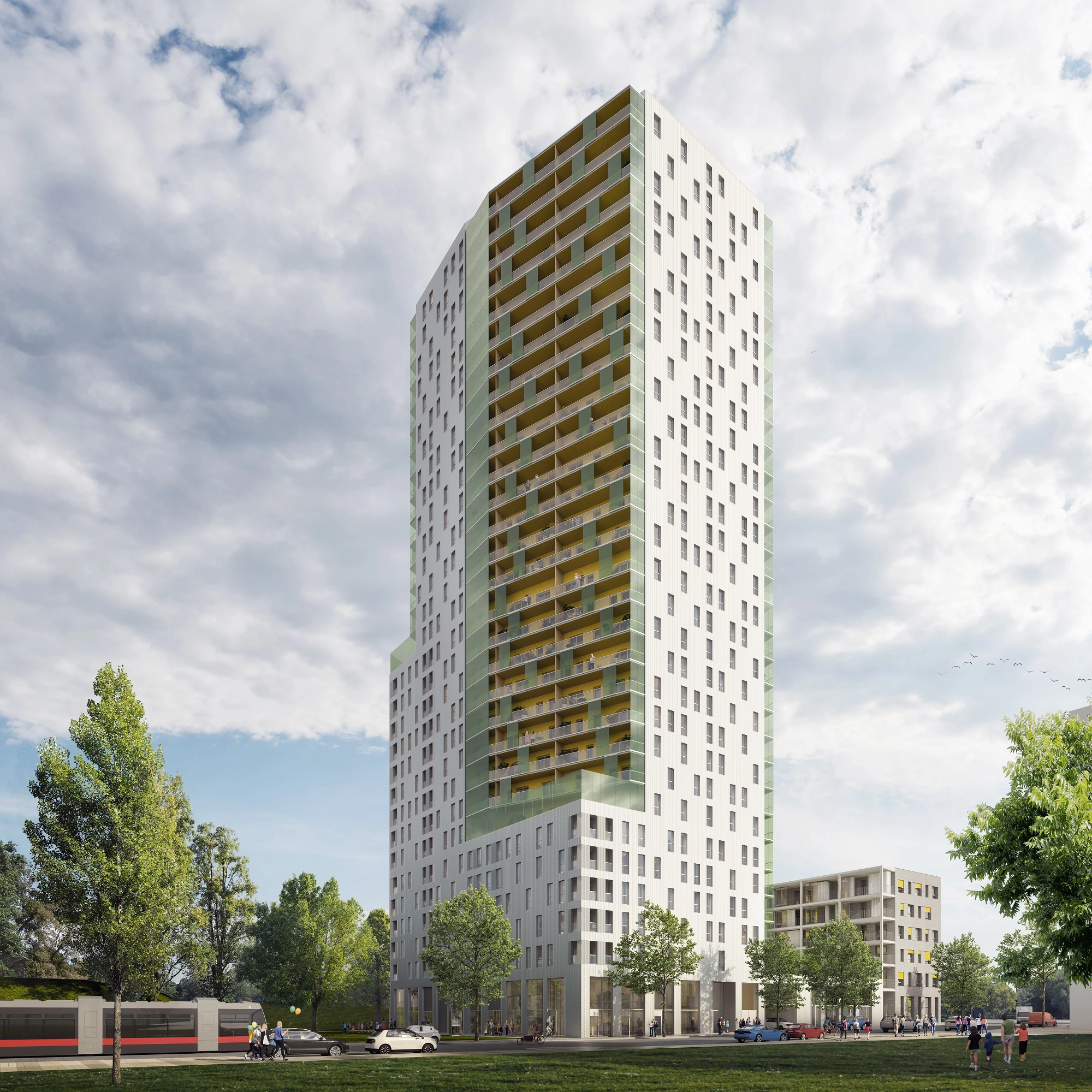 Visualisierung des Gebäude-Projekts "Schneewittchen" der Wiener Städtischen: Ein Hochhaus im Wiener Nordbahnviertel