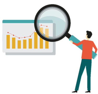 © Egger & Lerch/Shutterstock Man analyses a graph with a large magnifying glass