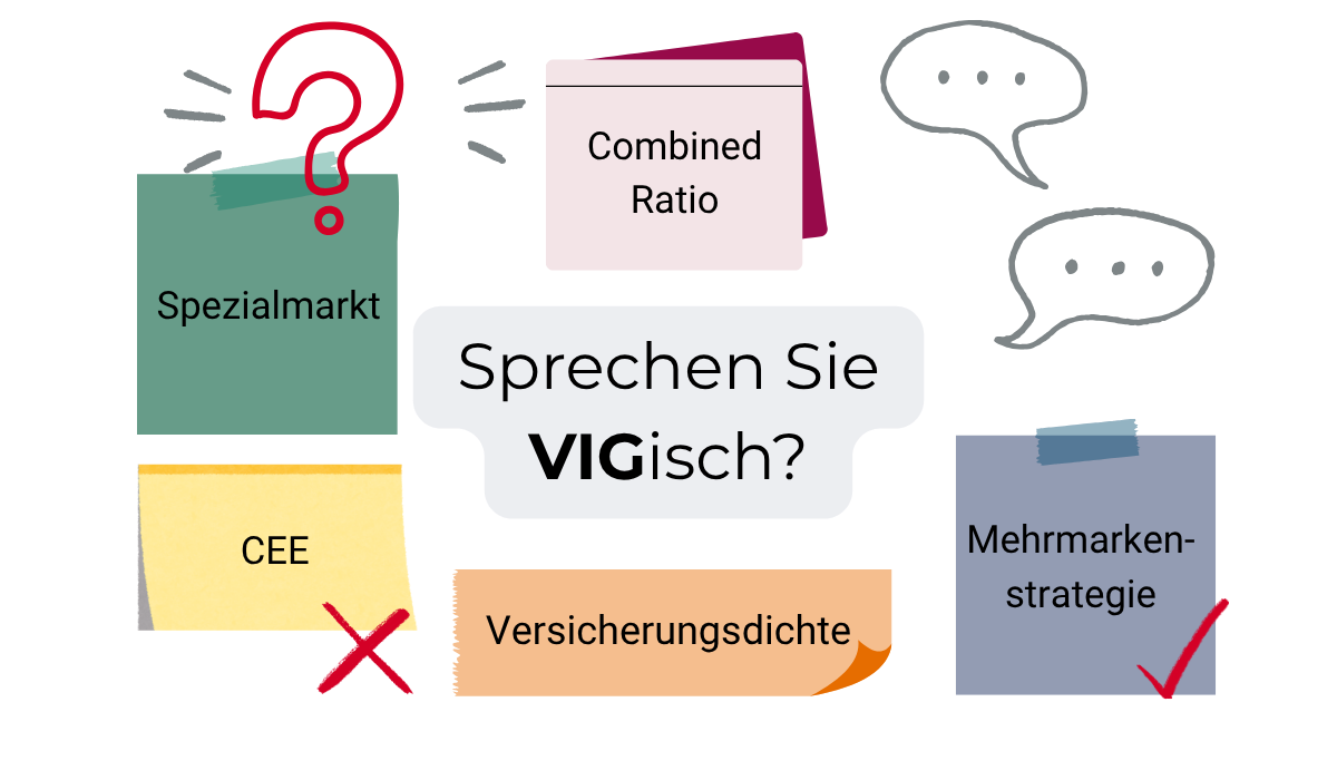 Klebezetteln mit VIG-Vokabeln u.a. Spezialmarkt und Mehrmarkenstrategie; mittig die Frage: "Sprechen Sie VIGisch?"