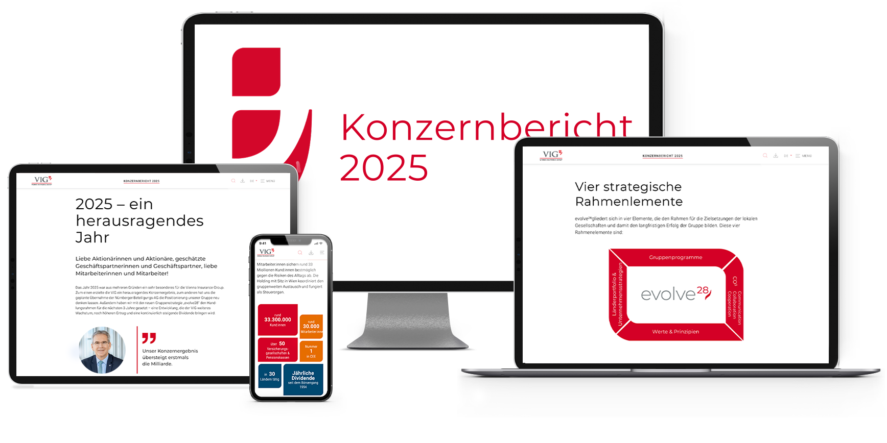 Vier Displays unterschiedlicher Geräte zeigen Inhalte aus dem Konzernbericht 2025