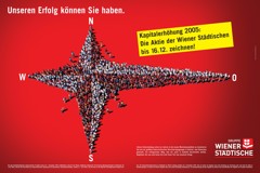 Advertisement "Our success is yours for the taking" for the 2005 capital increase. It shows arrows pointing in all four directions, with the arrow pointing east clearly being the longest. The accompanying text (German in Original) reads: Capital increase 2005: Subscribe to Wiener Städtische shares by 16 December.