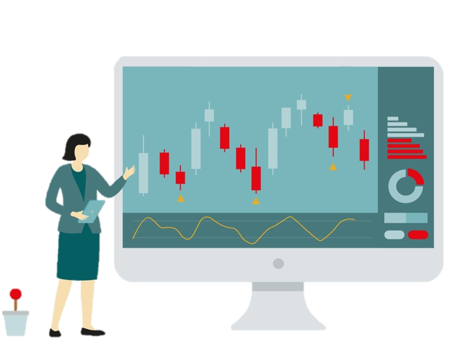 Frau zeigt auf großem Bildschirm ein Kerzenchart für einen Aktienkurs