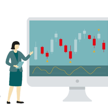 © Egger & Lerch/Shutterstock/Yelosmiley Woman shows a candlestick chart for a share price on a large screen
