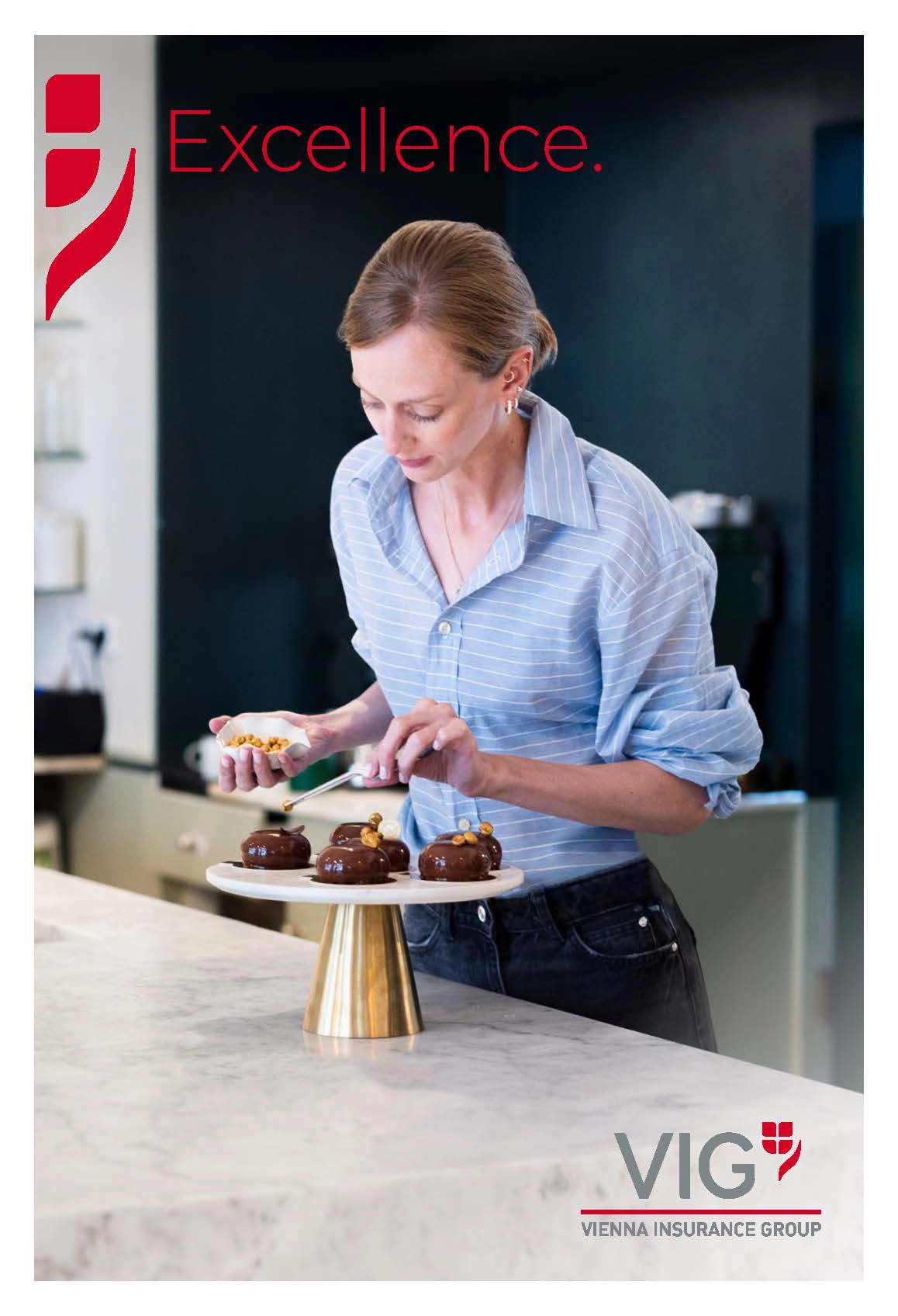 English advertising highlighting VIG's value of excellence: A pastry chef decorates small cakes