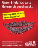 Advertisement "All of Austria has had a taste of our success" for the 2005 capital increase. It shows a smiling mouth made of people.  The accompanying text (German in Original) reads: We welcome our new shareholders!