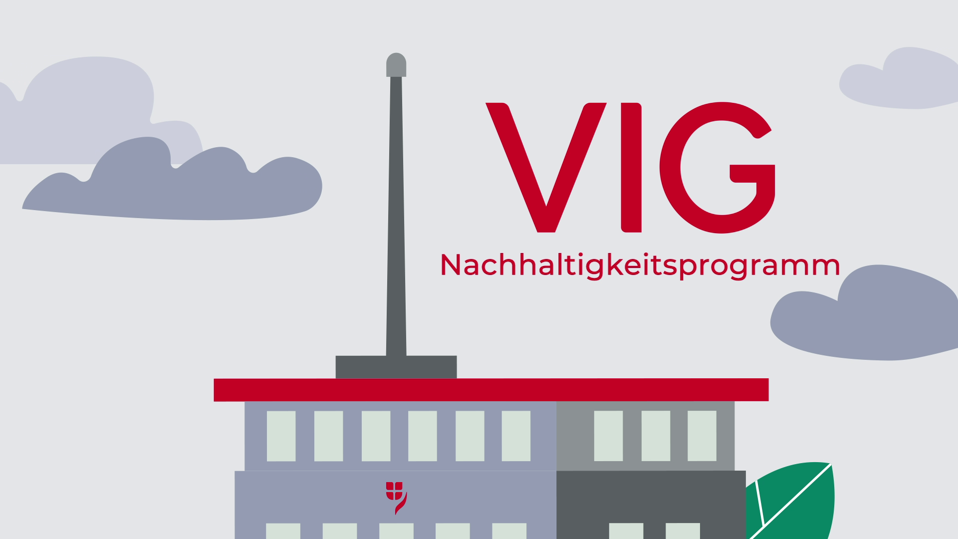 Illustration des Ringturms mit einer roten Schrift "VIG Nachhaltigkeitsprogramm"