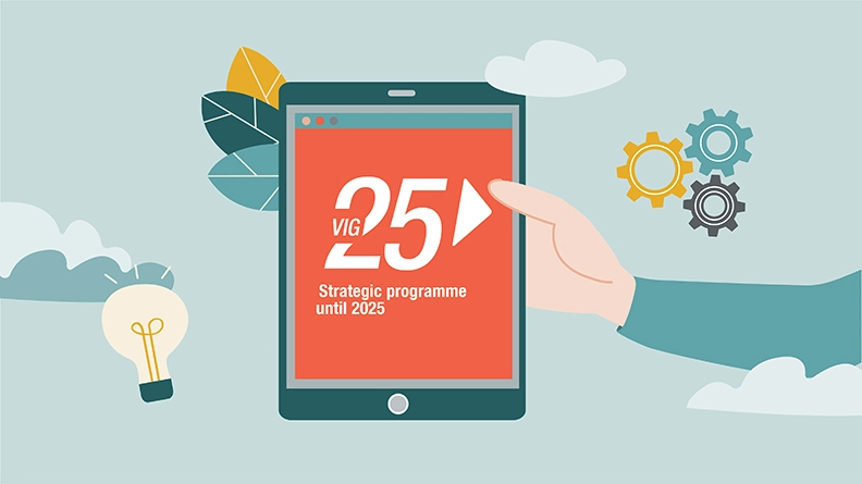 An off-screen hand shows a tablet with the text 'VIG 25 strategy program until 2025'