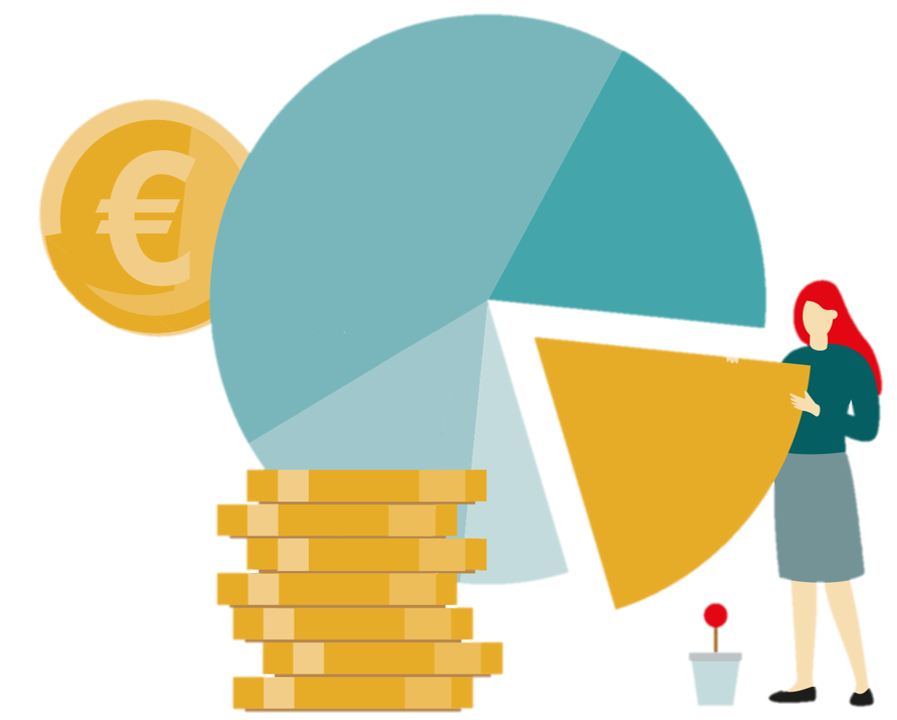 Large pie chart; woman holding a detached piece; pile of money in front of the chart