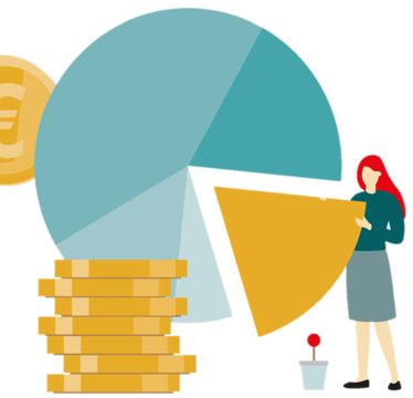 © Egger & Lerch/Shutterstock/Yelosmiley Large pie chart; woman holding a detached piece; pile of money in front of the chart