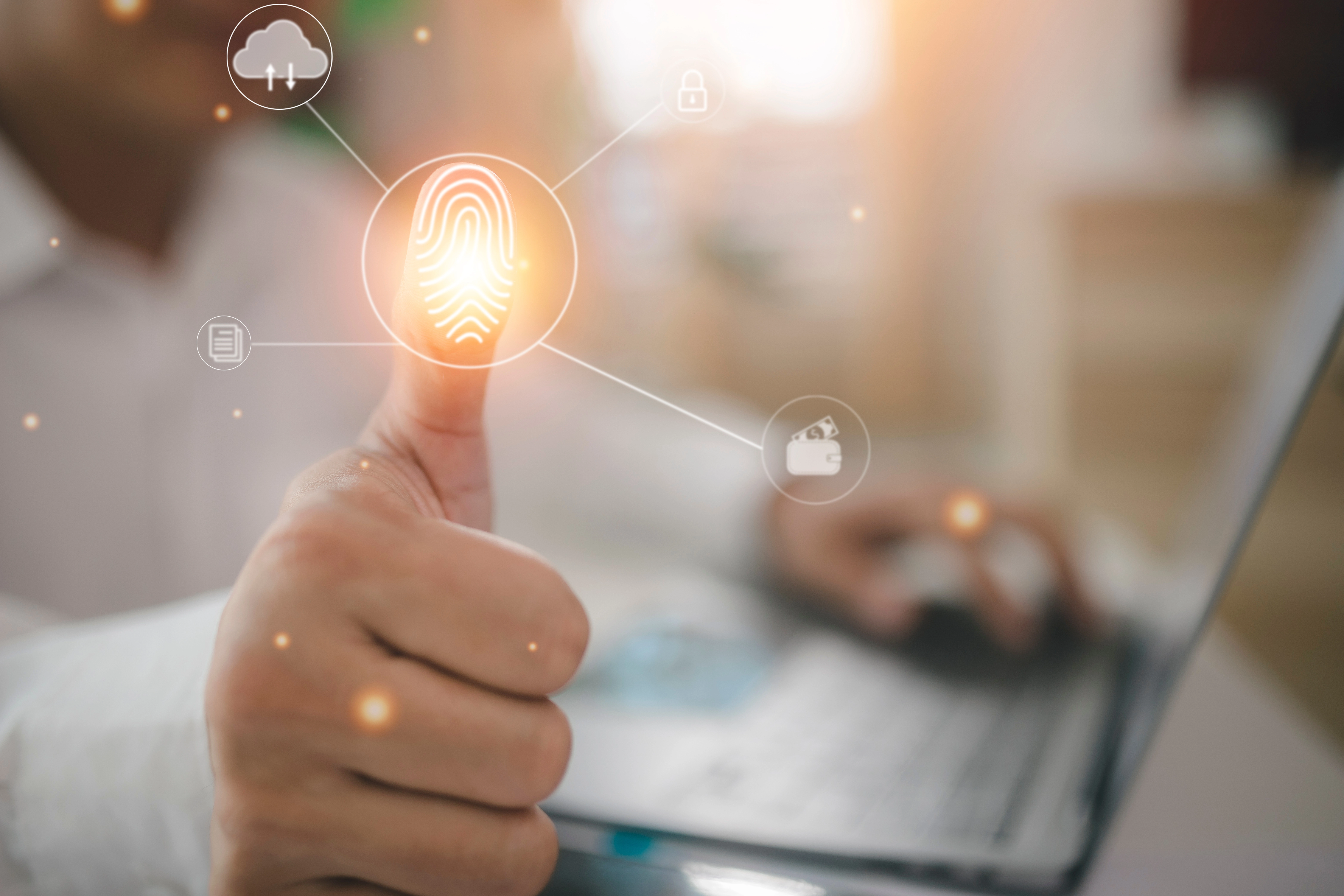 © Shutterstock Authentification via thumb print with various icons.