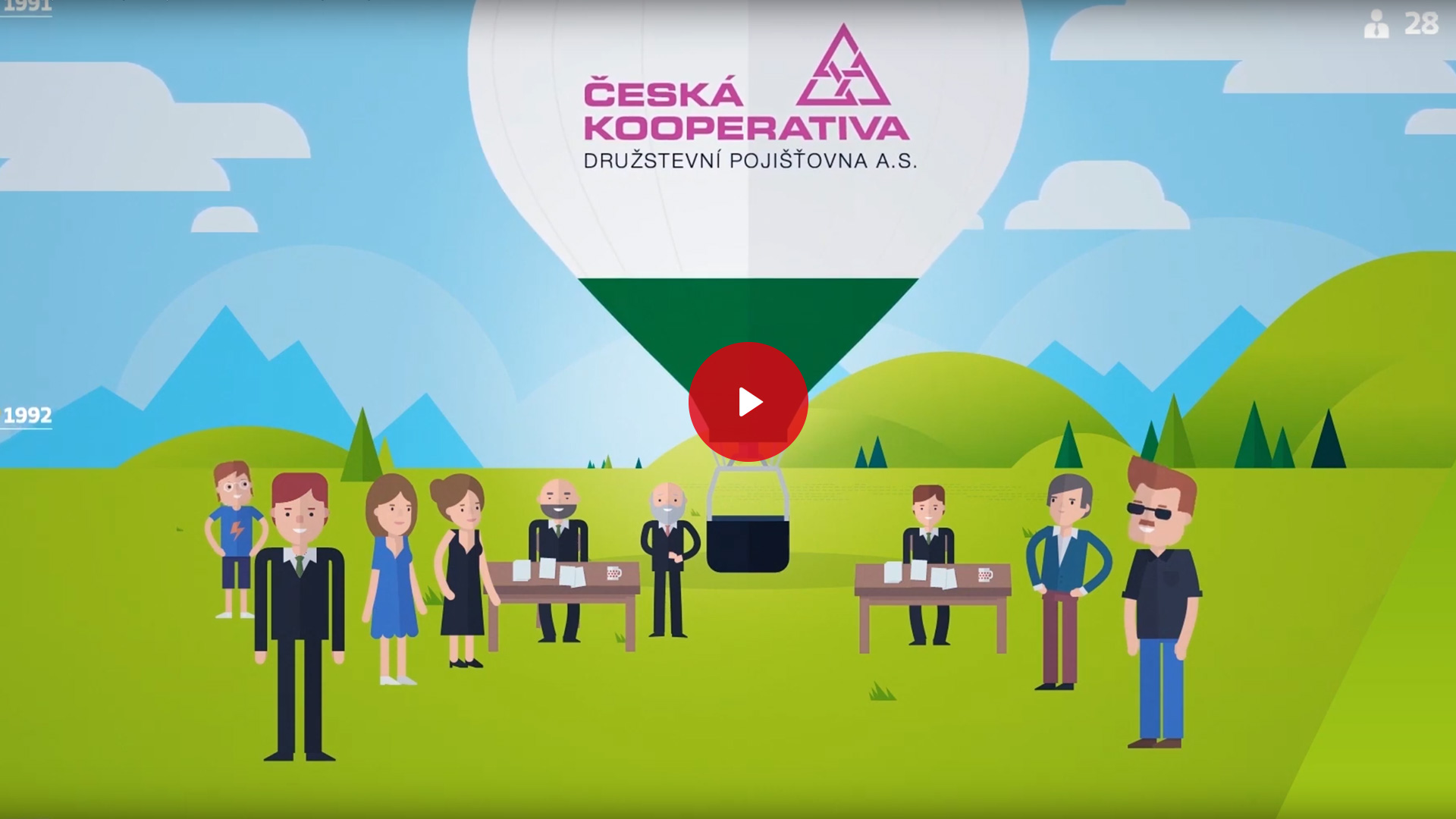 Illustration Leute stehen um einen Heißluftballon mit dem Kooperativa CZ logo darauf